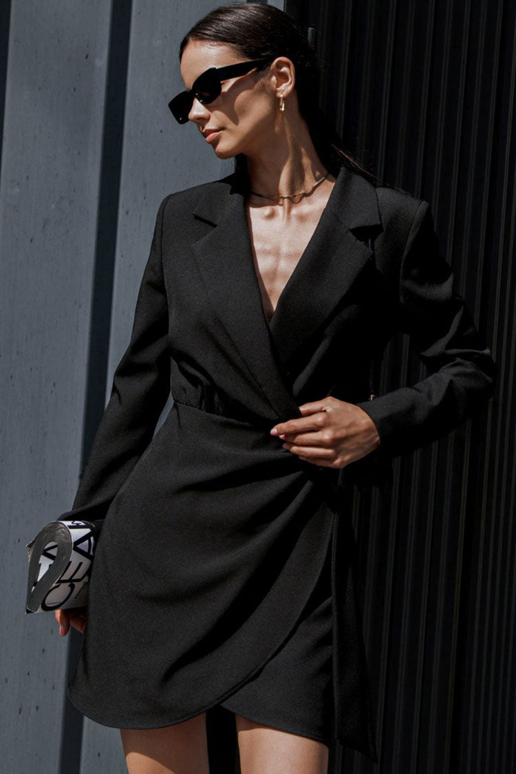 Traditional Lapel Collar Shoulder Pad Ruched Long Sleeve Mini Dress - Black