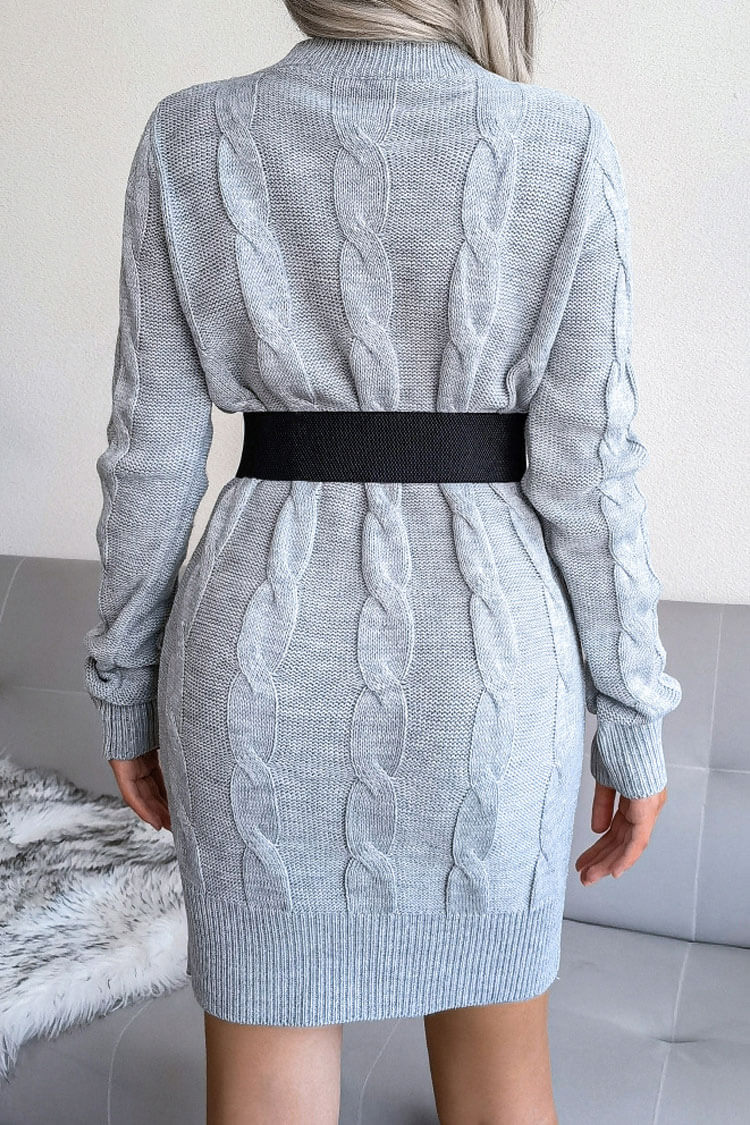 Traditional Long Sleeve Winter Cable Knit Pullover Sweater Mini Dress - Gray