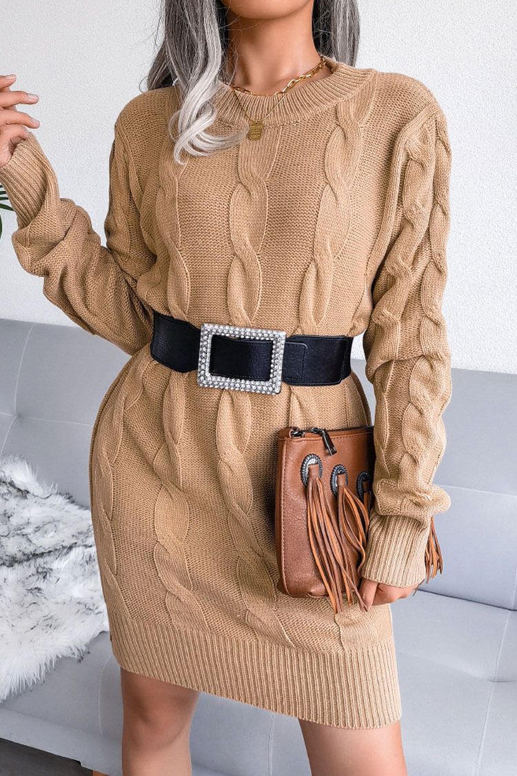 Retro Long Sleeve Winter Cable Knit Pullover Sweater Mini Dress - Khaki