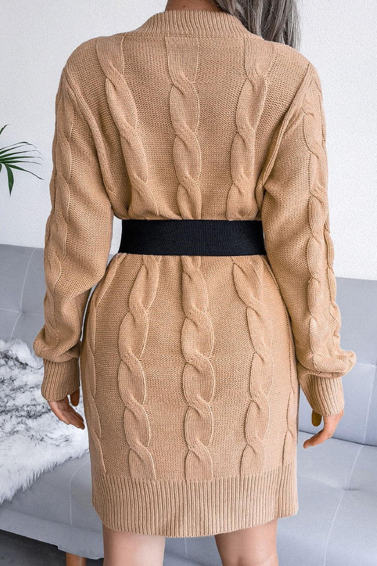 Retro Long Sleeve Winter Cable Knit Pullover Sweater Mini Dress - Khaki