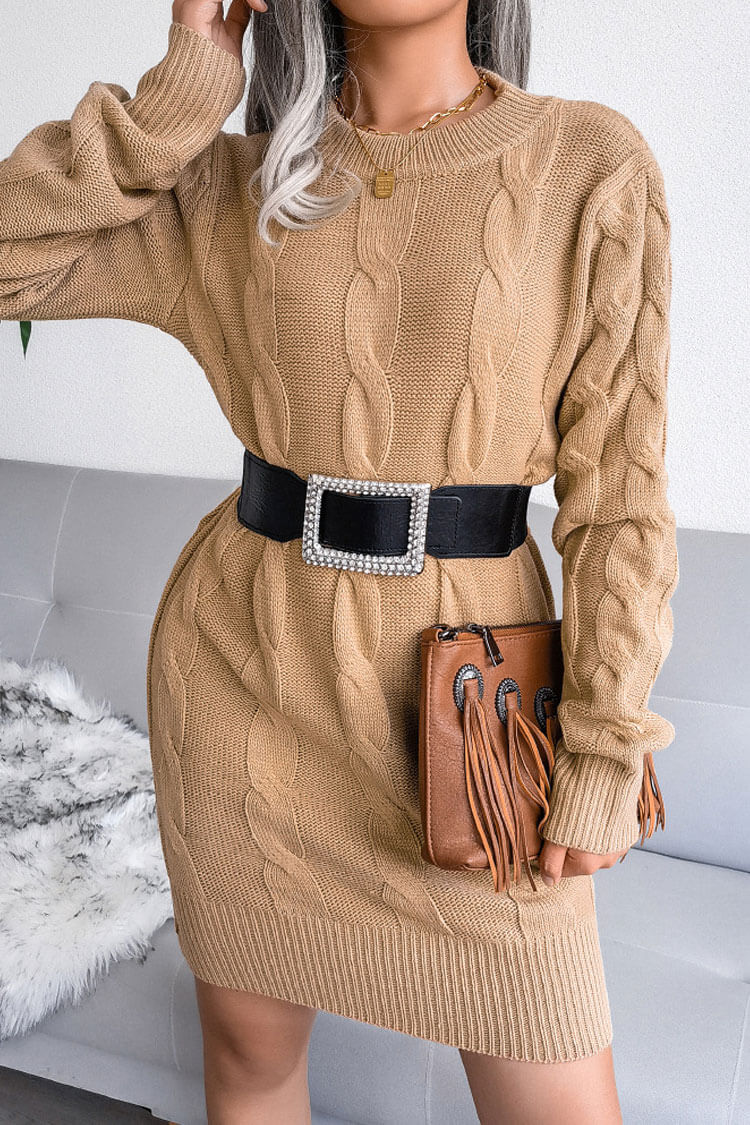 Retro Long Sleeve Winter Cable Knit Pullover Sweater Mini Dress - Khaki