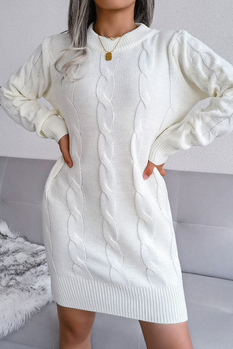 Traditional Long Sleeve Winter Cable Knit Pullover Sweater Mini Dress - White