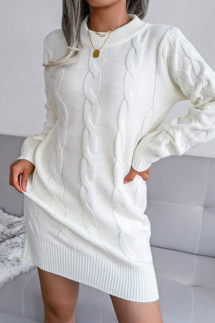 Traditional Long Sleeve Winter Cable Knit Pullover Sweater Mini Dress - White