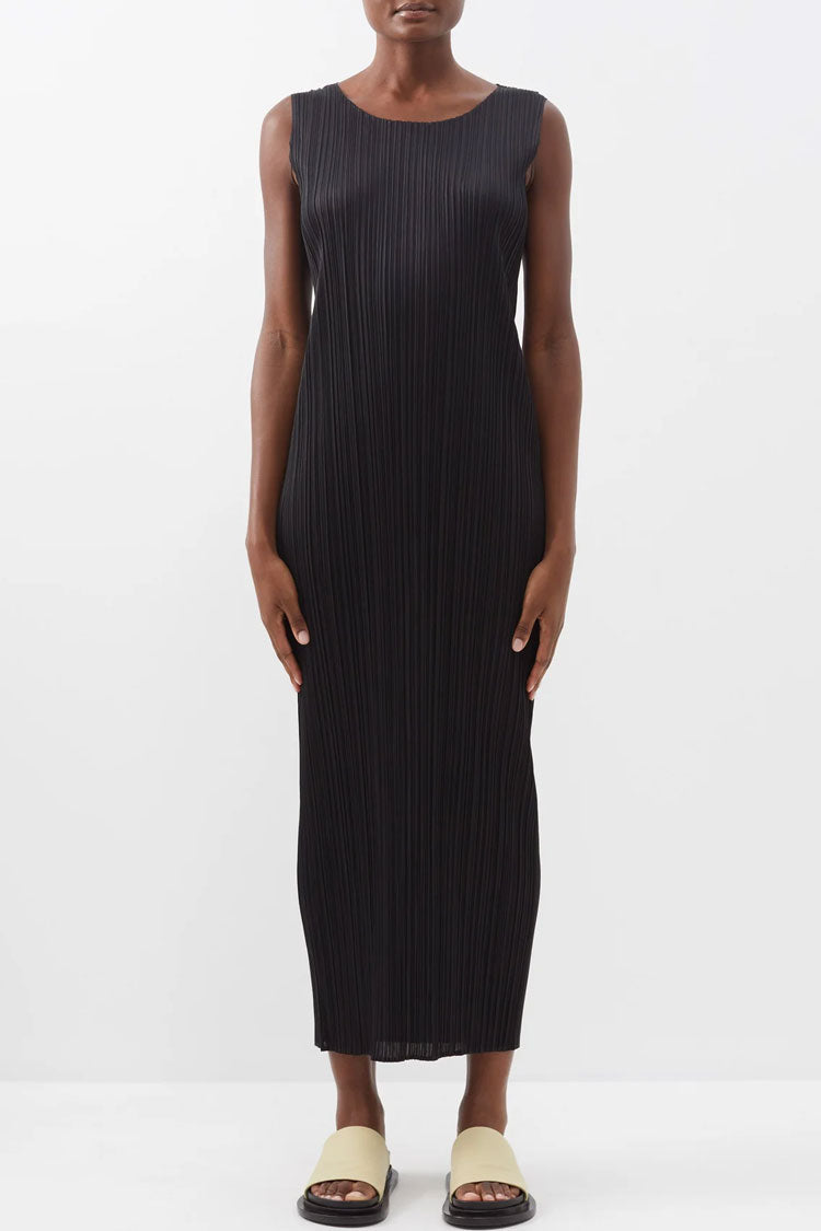 Crew Classy Neck Summer Shift Sleeveless Pleated Midi Dress - Black