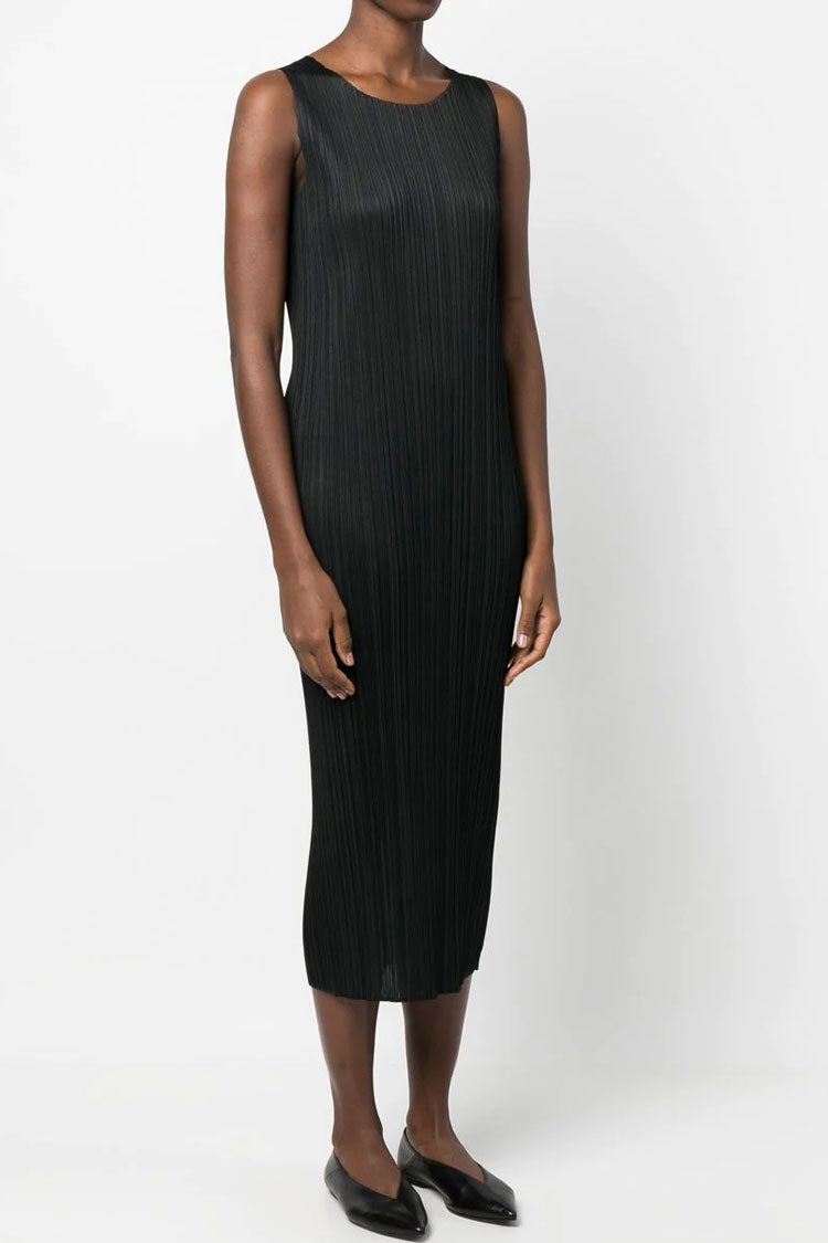 Crew Classy Neck Summer Shift Sleeveless Pleated Midi Dress - Black