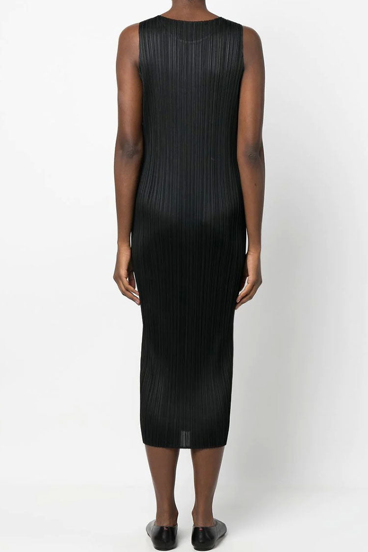 Crew Classy Neck Summer Shift Sleeveless Pleated Midi Dress - Black