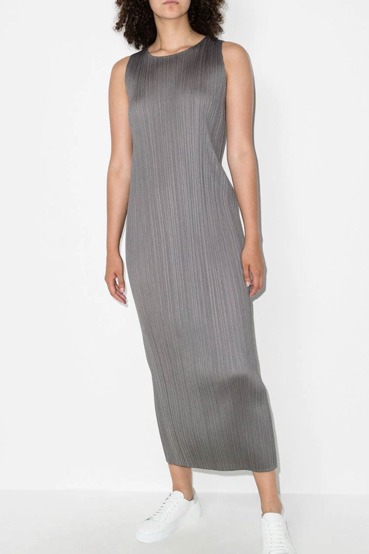 Crew Classy Neck Summer Shift Sleeveless Pleated Midi Dress - Gray