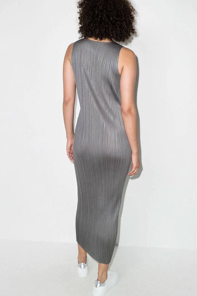 Crew Classy Neck Summer Shift Sleeveless Pleated Midi Dress - Gray