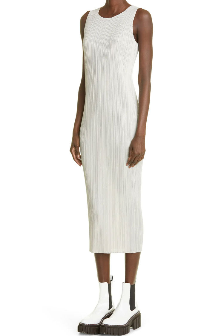 Crew Classy Neck Summer Shift Sleeveless Pleated Midi Dress - White
