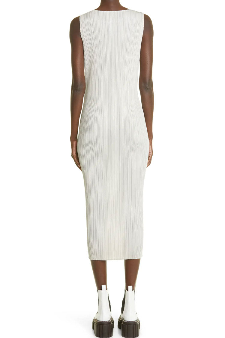Crew Classy Neck Summer Shift Sleeveless Pleated Midi Dress - White