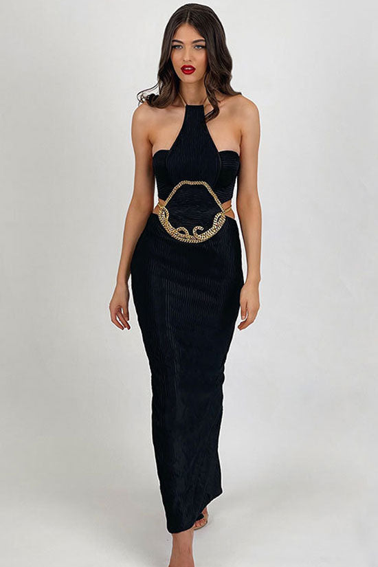 Halter Classy Sleeveless Chained Cutout Ribbed Bandage Cocktail Midi Dress - Black
