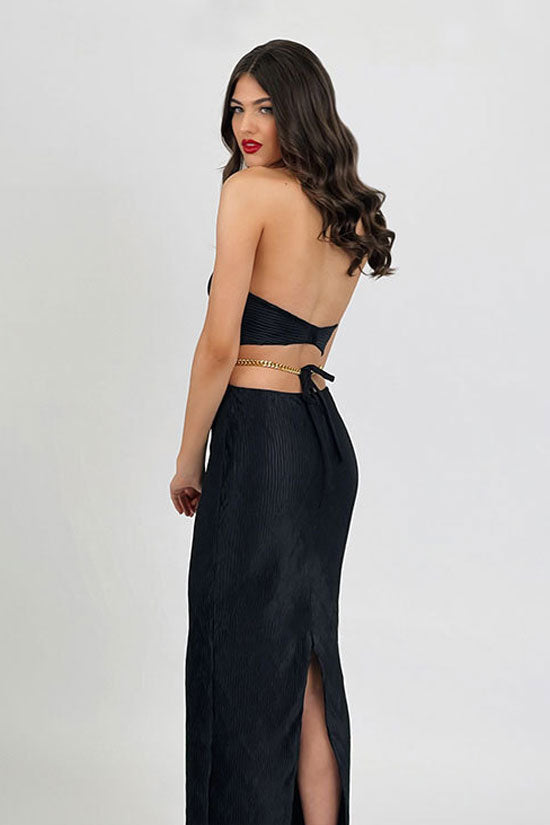 Halter Classy Sleeveless Chained Cutout Ribbed Bandage Cocktail Midi Dress - Black