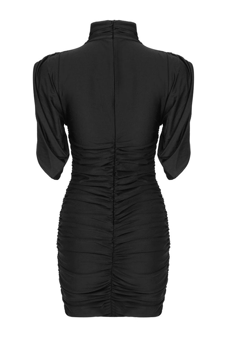 Rosette Classy Trim High Neck Draped Sleeve Ruched Party Mini Dress - Black
