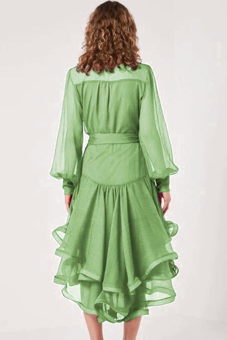 Tiered Classy Ruffle Bow Tie Long Sleeve Wrap Midi Dress - Grass Green