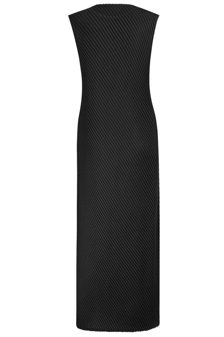 Diagonal Comfy Pleated Crew Neck Sheath Sleeveless Midi Dress - Black