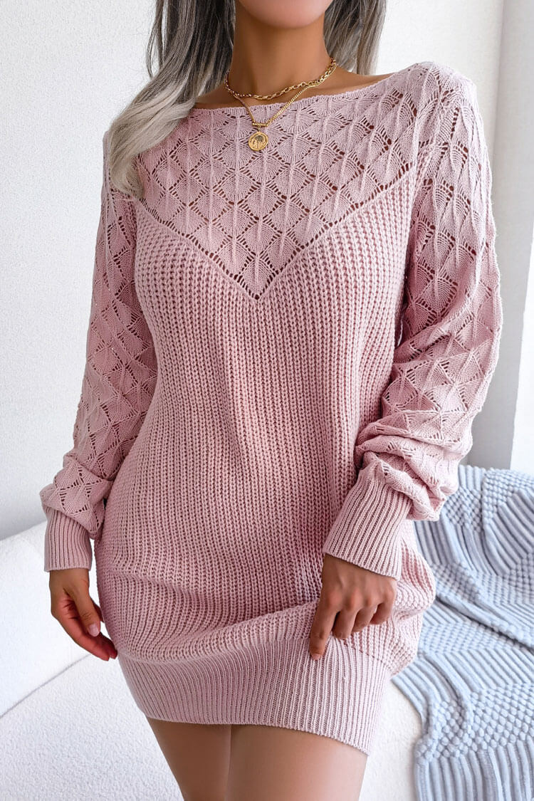 Long Comfy Sleeve Pointelle Crochet Knit Winter Sweater Mini Dress - Pink