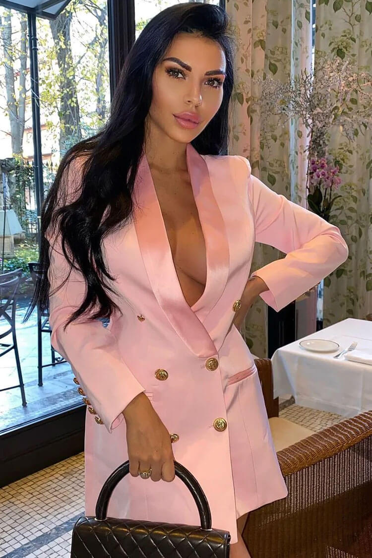 Trim Contrast Shawl Neck Double Breasted Blazer Mini Dress - Pink