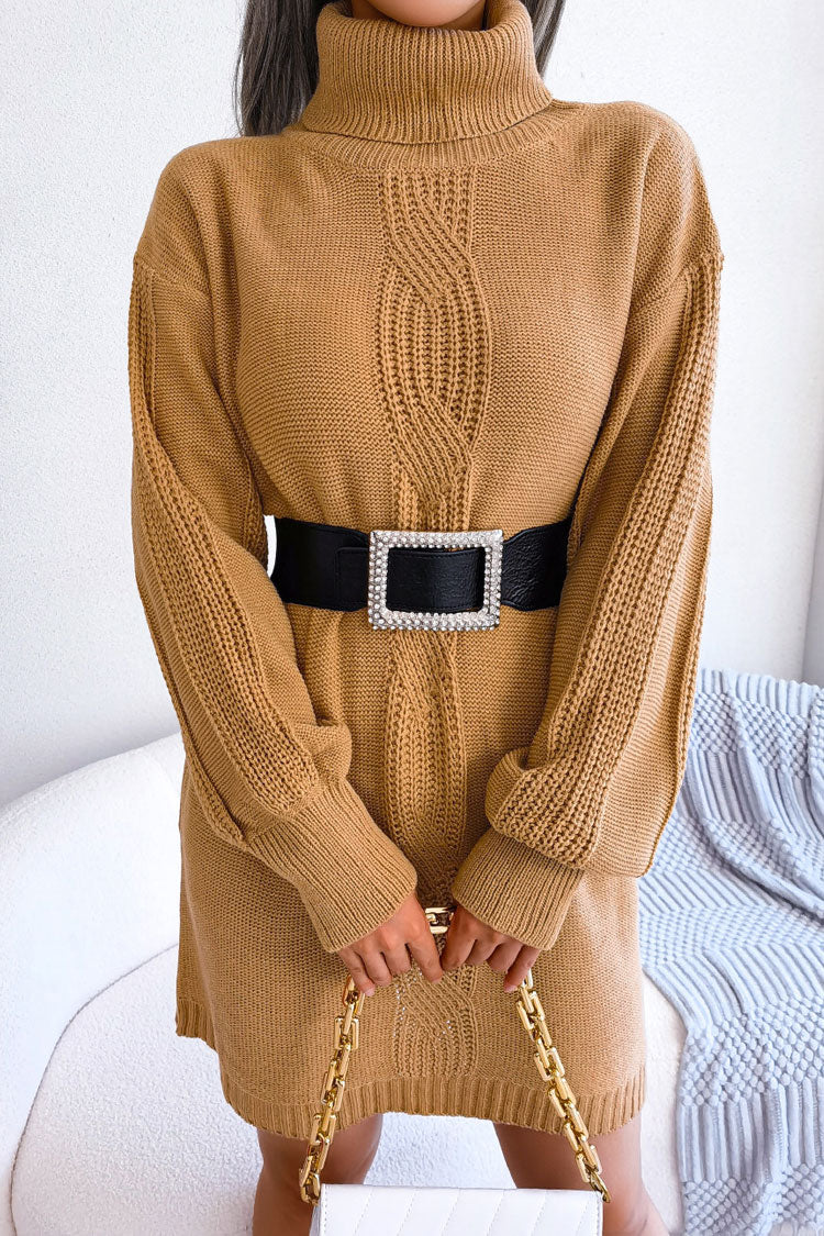 Winter Cosy Turtleneck Pullover Cable Knit Sweater Mini Dress - Khaki