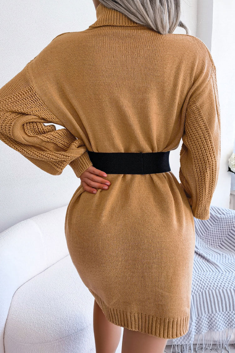 Winter Cosy Turtleneck Pullover Cable Knit Sweater Mini Dress - Khaki