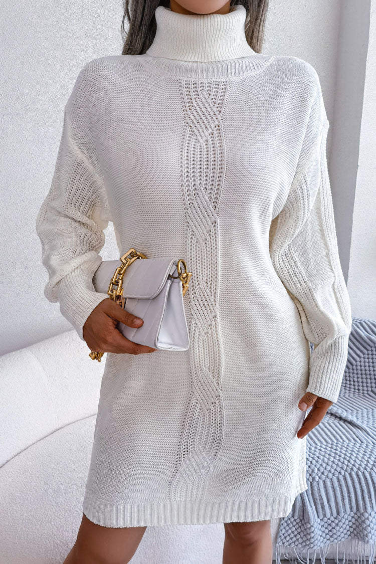 Winter Cosy Turtleneck Pullover Cable Knit Sweater Mini Dress - White