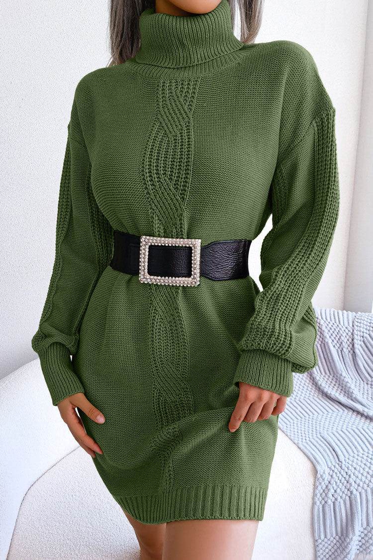 Winter Cosy Turtleneck Pullover Cable Knit Sweater Mini Dress - Army Green