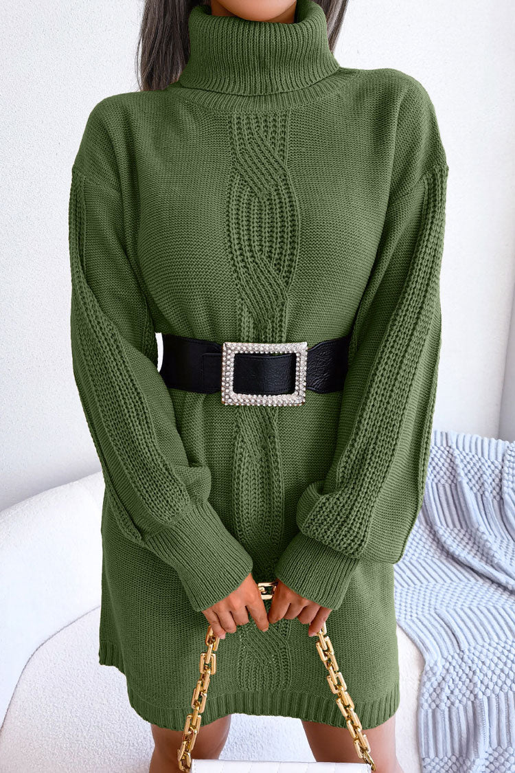 Winter Cosy Turtleneck Pullover Cable Knit Sweater Mini Dress - Army Green
