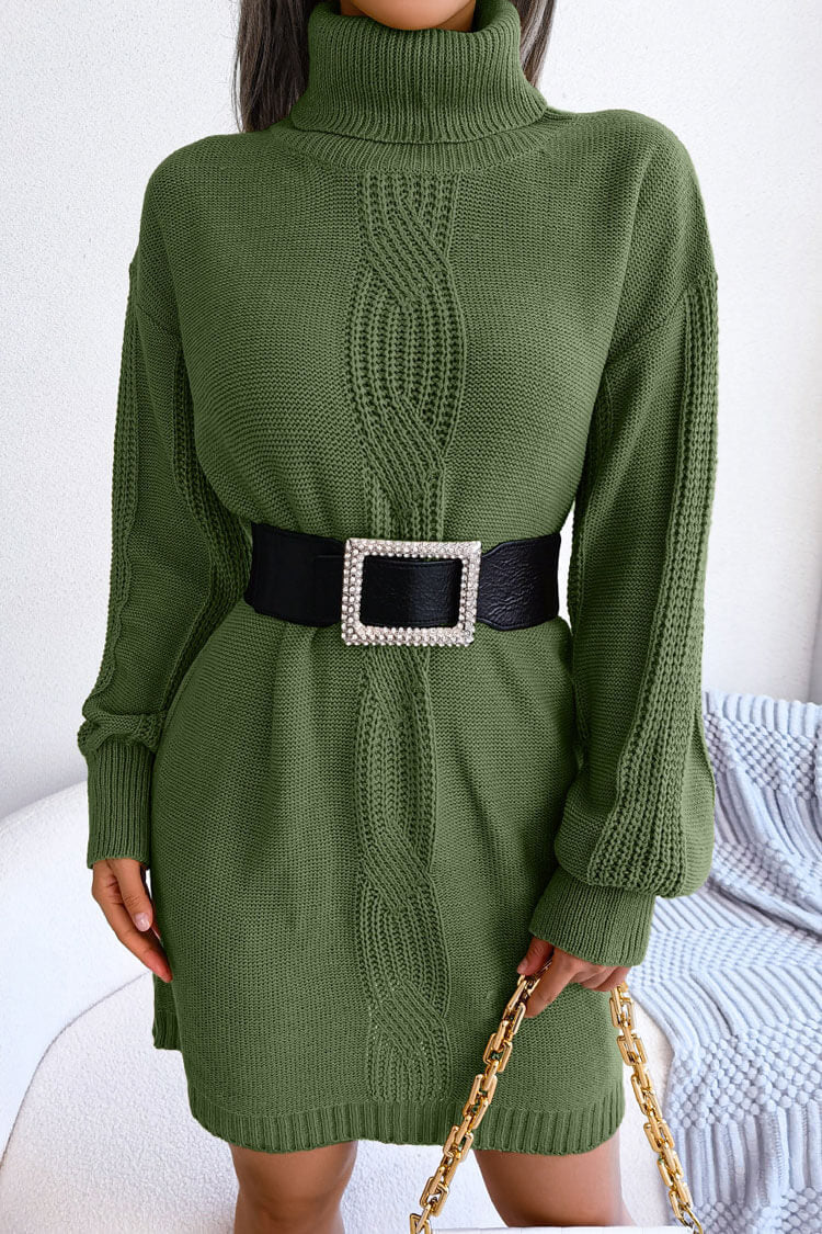 Winter Cosy Turtleneck Pullover Cable Knit Sweater Mini Dress - Army Green