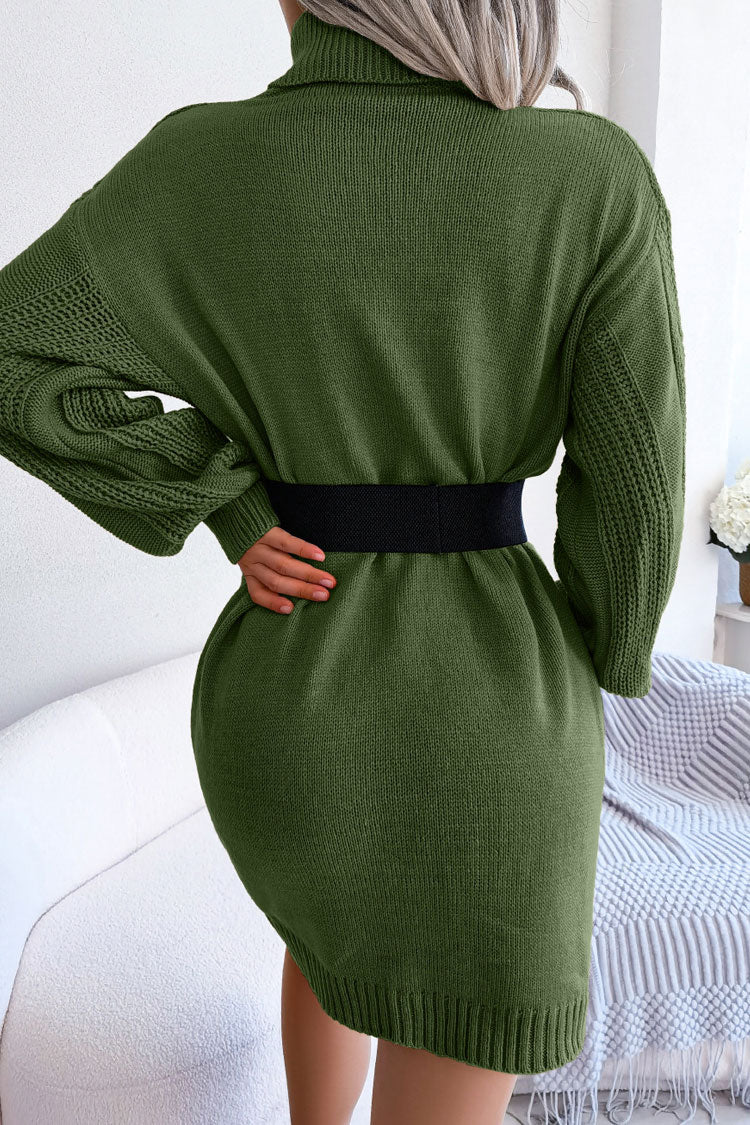 Winter Cosy Turtleneck Pullover Cable Knit Sweater Mini Dress - Army Green