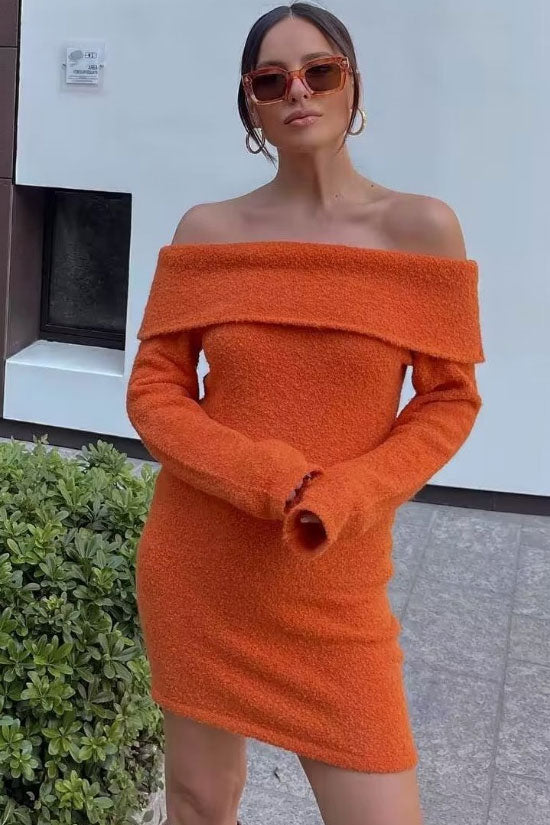 Chic Cozy Foldover Off Shoulder Winter Sweater Mini Dress - Burnt Orange