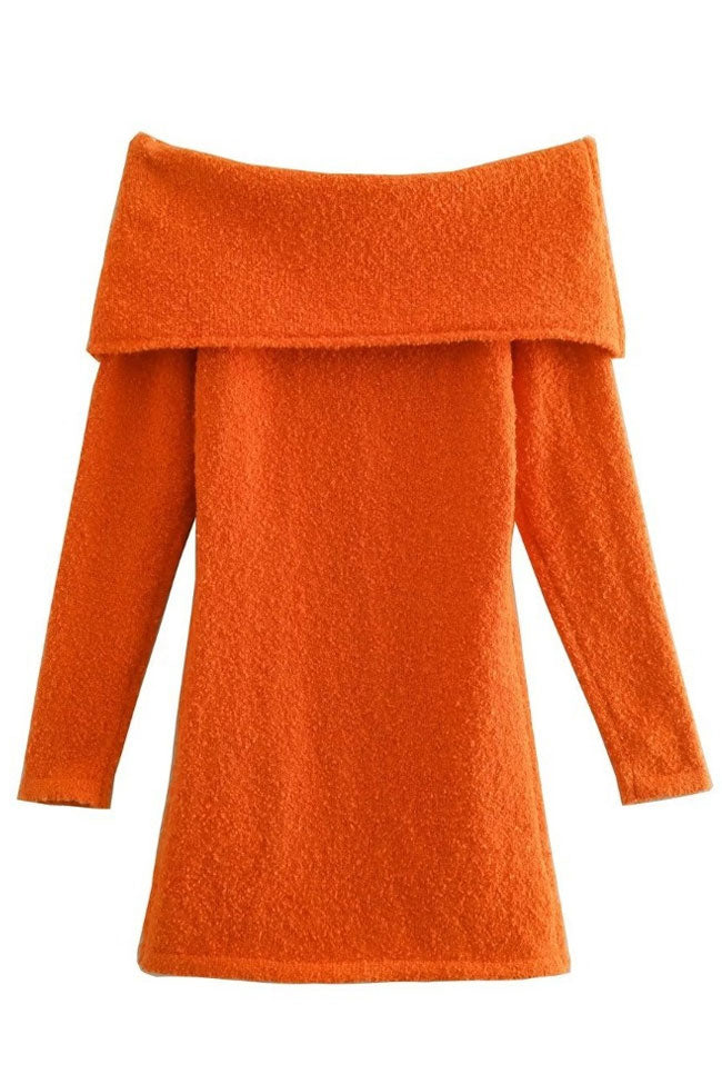 Chic Cozy Foldover Off Shoulder Winter Sweater Mini Dress - Burnt Orange