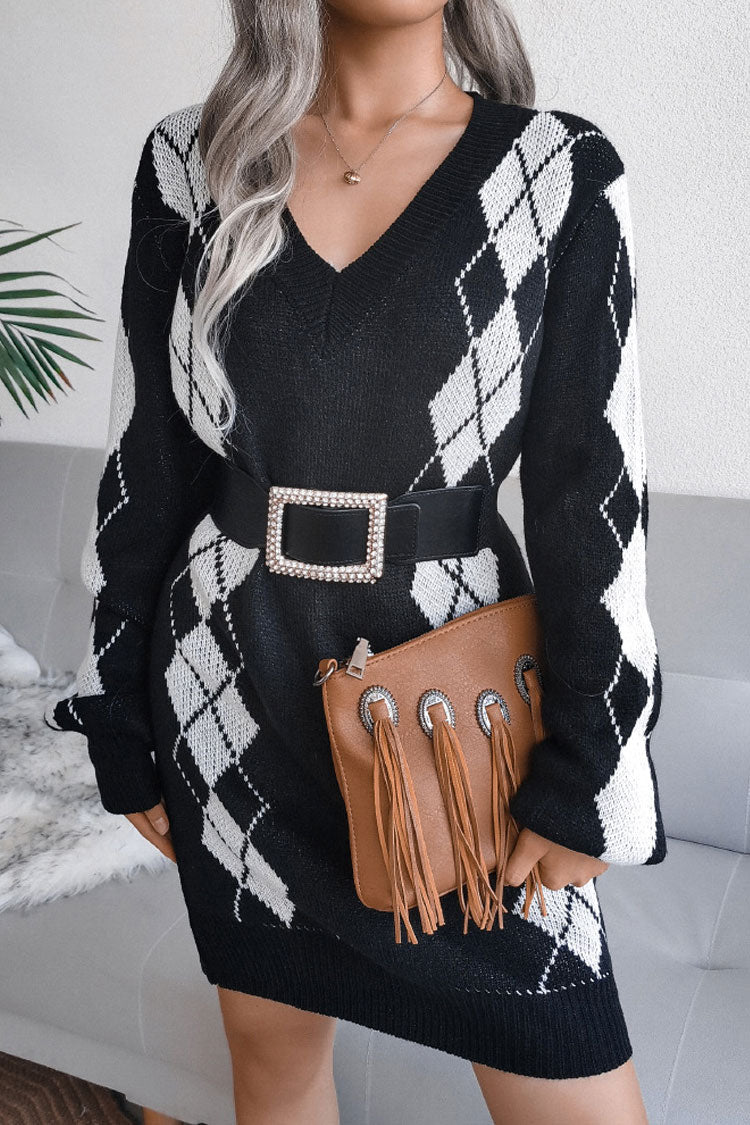 Two Cozy Tone Argyle Rib Knit V Neck Winter Sweater Mini Dress - Black