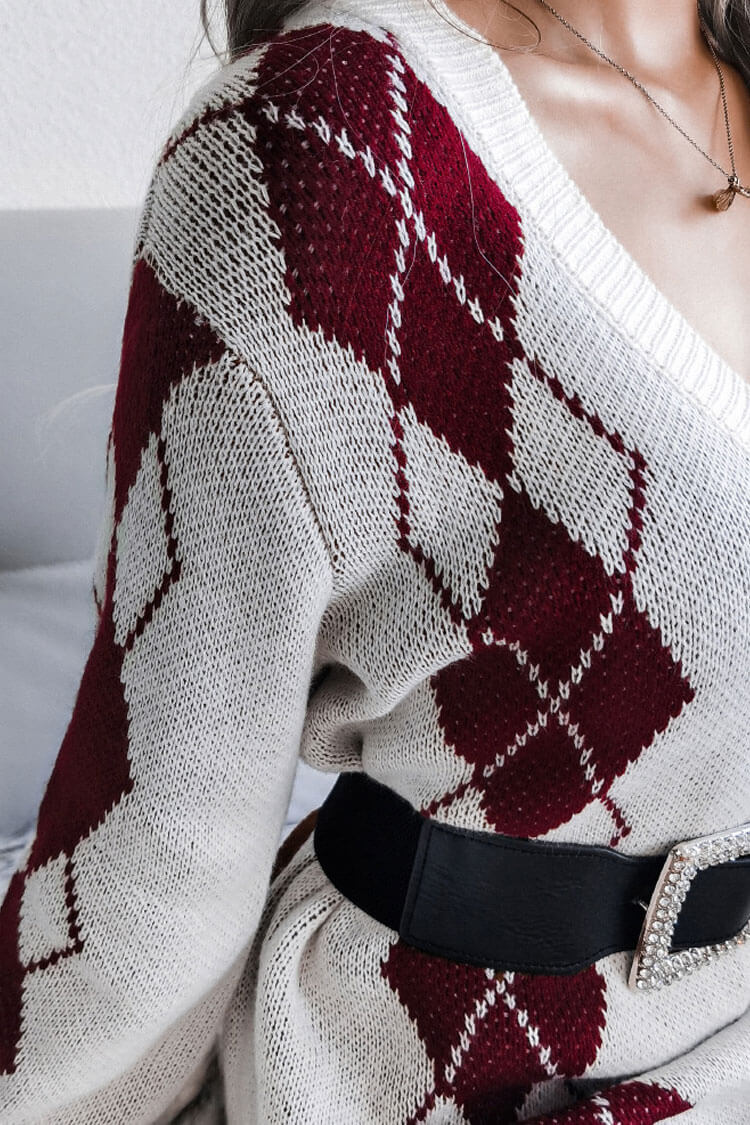Two Cozy Tone Argyle Rib Knit V Neck Winter Sweater Mini Dress - Wine Red