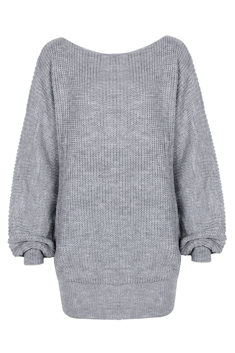 Winter Cozy Boat Neck Long Sleeve Textured Sweater Mini Dress - Gray