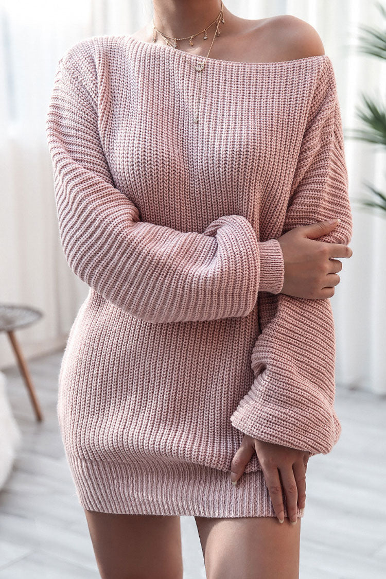 Winter Cozy Boat Neck Long Sleeve Textured Sweater Mini Dress - Pink