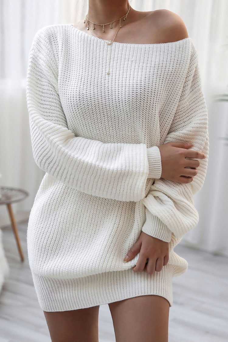 Winter Cozy Boat Neck Long Sleeve Textured Sweater Mini Dress - White