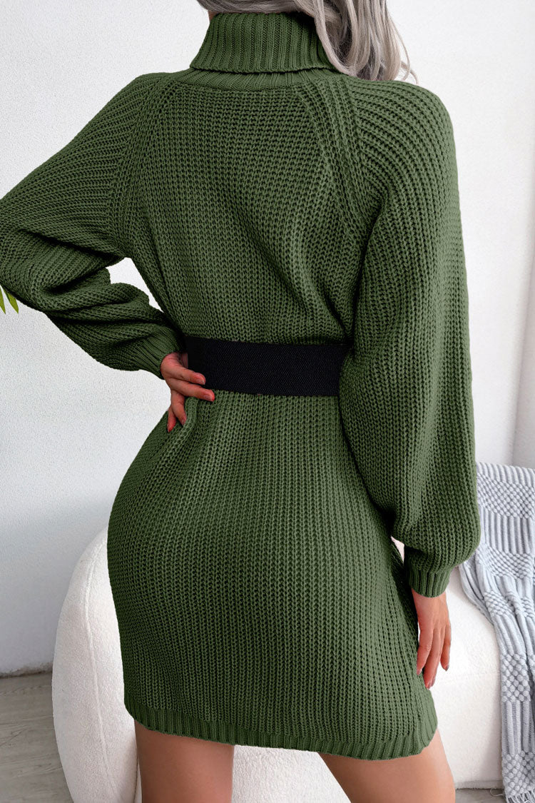Winter Cozy Button Trim Ribbed Turtleneck Sweater Mini Dress - Army Green