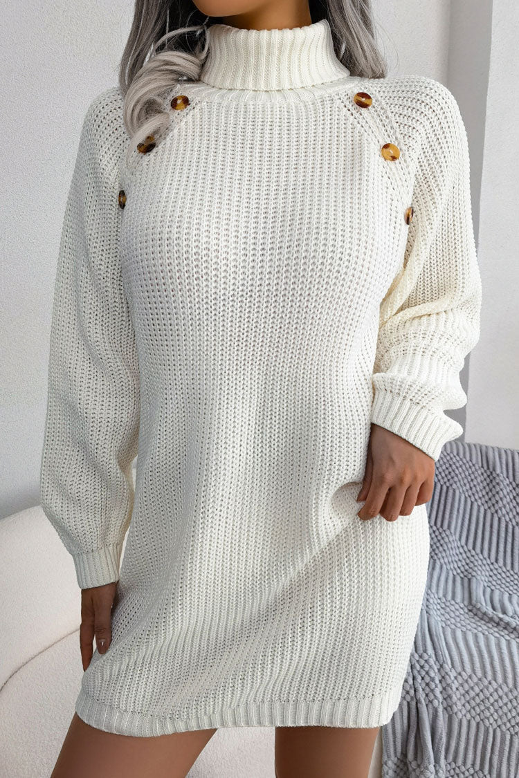 Winter Cozy Button Trim Ribbed Turtleneck Sweater Mini Dress - White