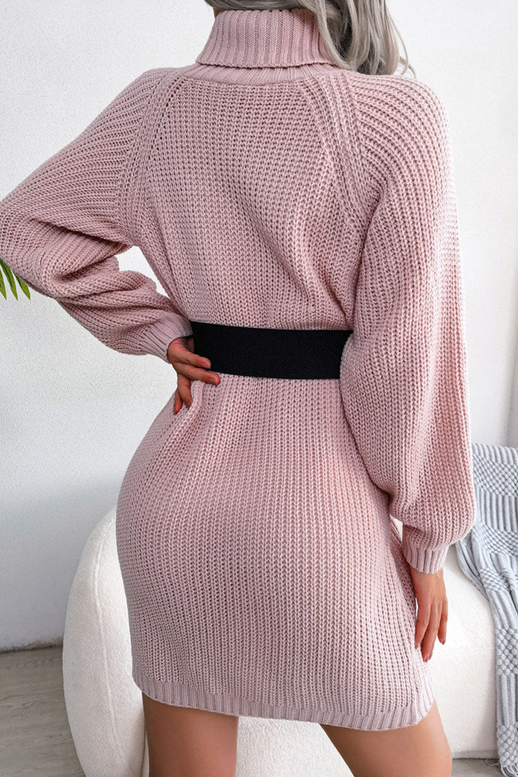 Winter Cozy Button Trim Ribbed Turtleneck Sweater Mini Dress - Pink