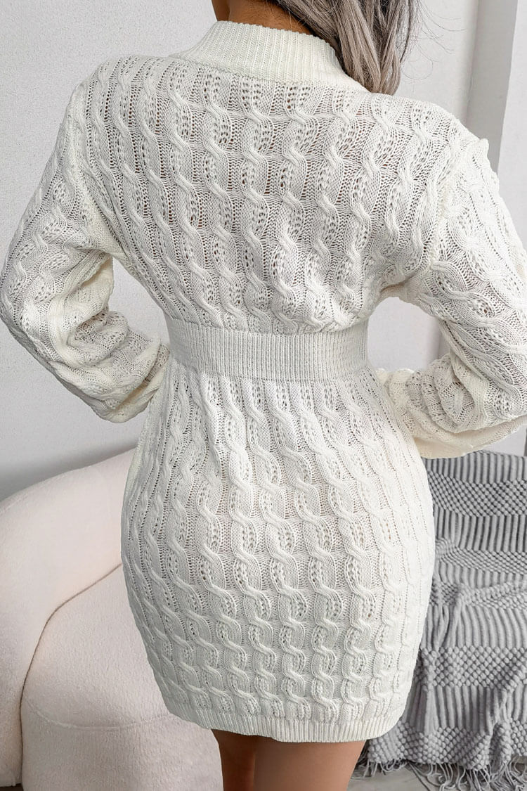 Winter Cozy Fisherman Cable Knit Bodycon Sweater Mini Dress - White