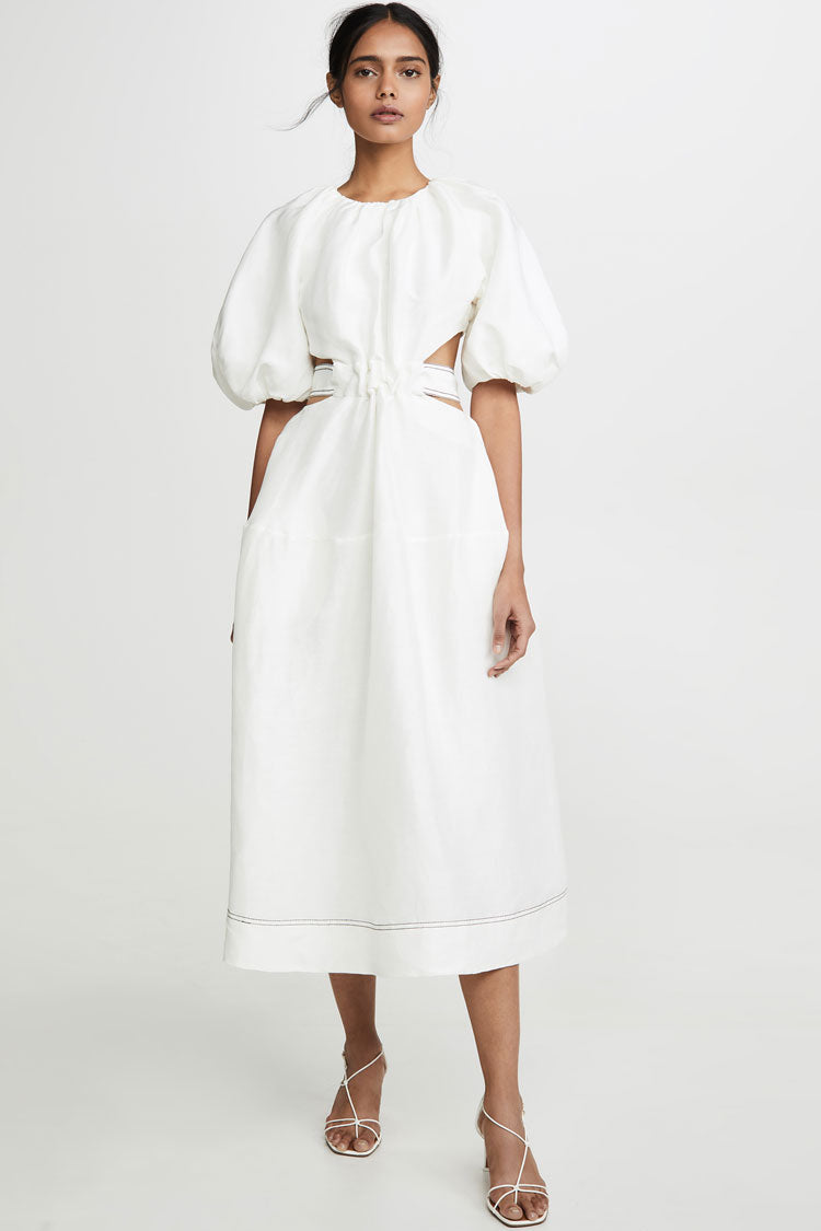 Belted Cute Puff Sleeve Cutout Beach Vacation Midi Dress - White