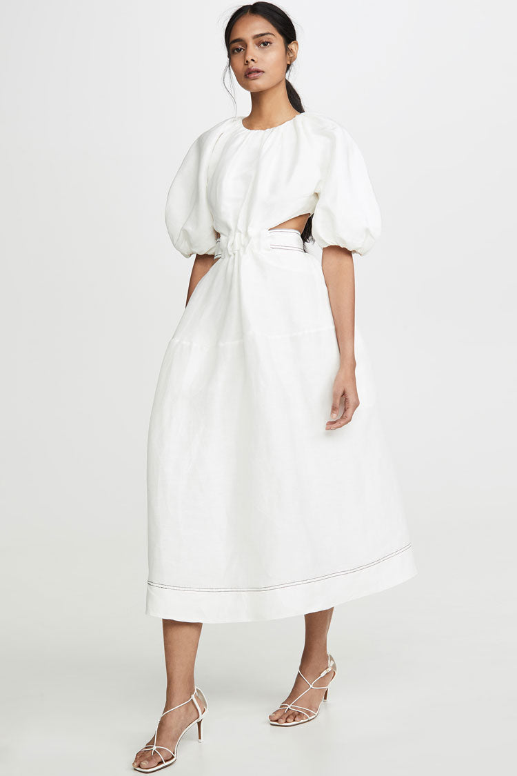 Belted Cute Puff Sleeve Cutout Beach Vacation Midi Dress - White