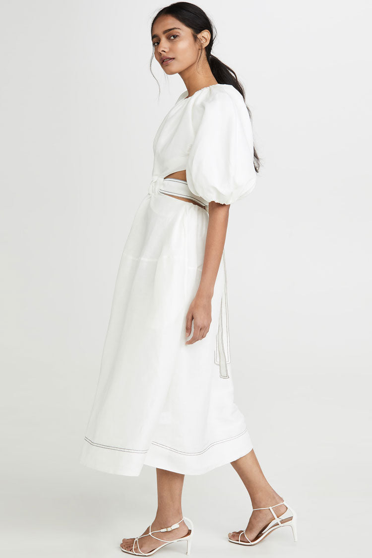 Belted Cute Puff Sleeve Cutout Beach Vacation Midi Dress - White
