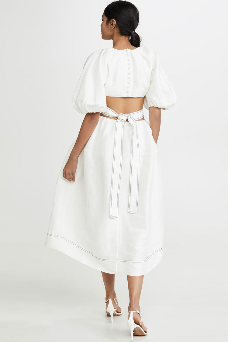 Belted Cute Puff Sleeve Cutout Beach Vacation Midi Dress - White