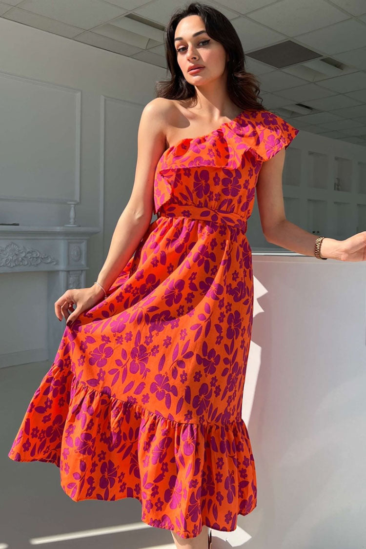 Cute Bloom Printed Ruffle One Shoulder Beach Vacation Midi Dress - Red