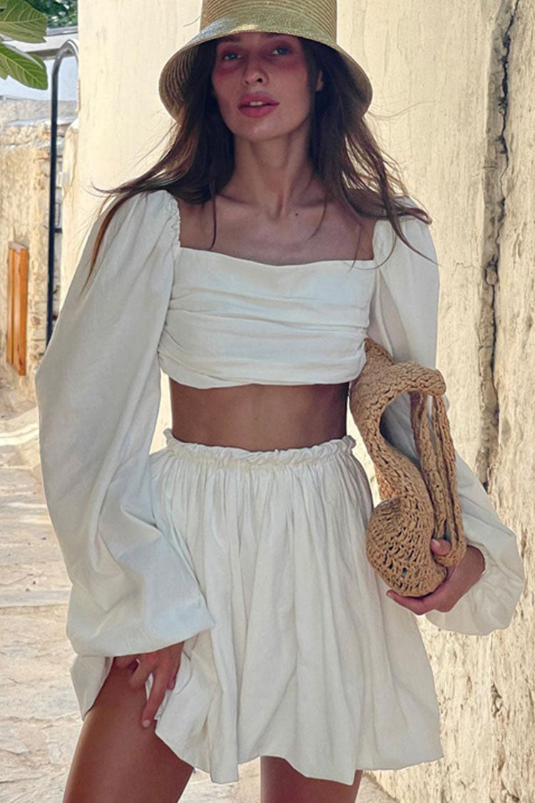 Charming Puff Sleeve Ruched Crop High Waist Two Piece Mini Dress - Off White
