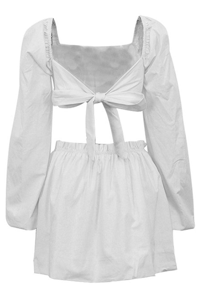 Charming Puff Sleeve Ruched Crop High Waist Two Piece Mini Dress - Off White
