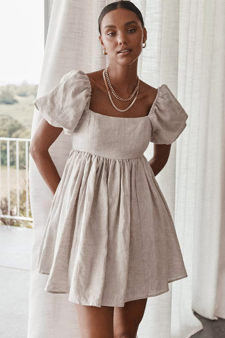 Pretty Puff Sleeve Square Neck Linen Babydoll Mini Dress - Khaki
