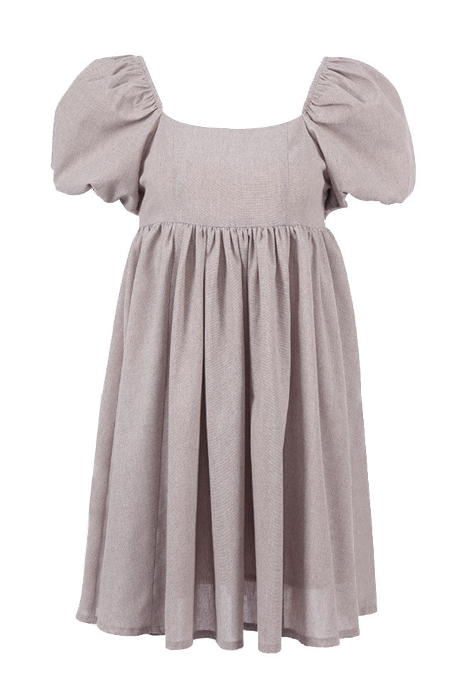 Pretty Puff Sleeve Square Neck Linen Babydoll Mini Dress - Khaki