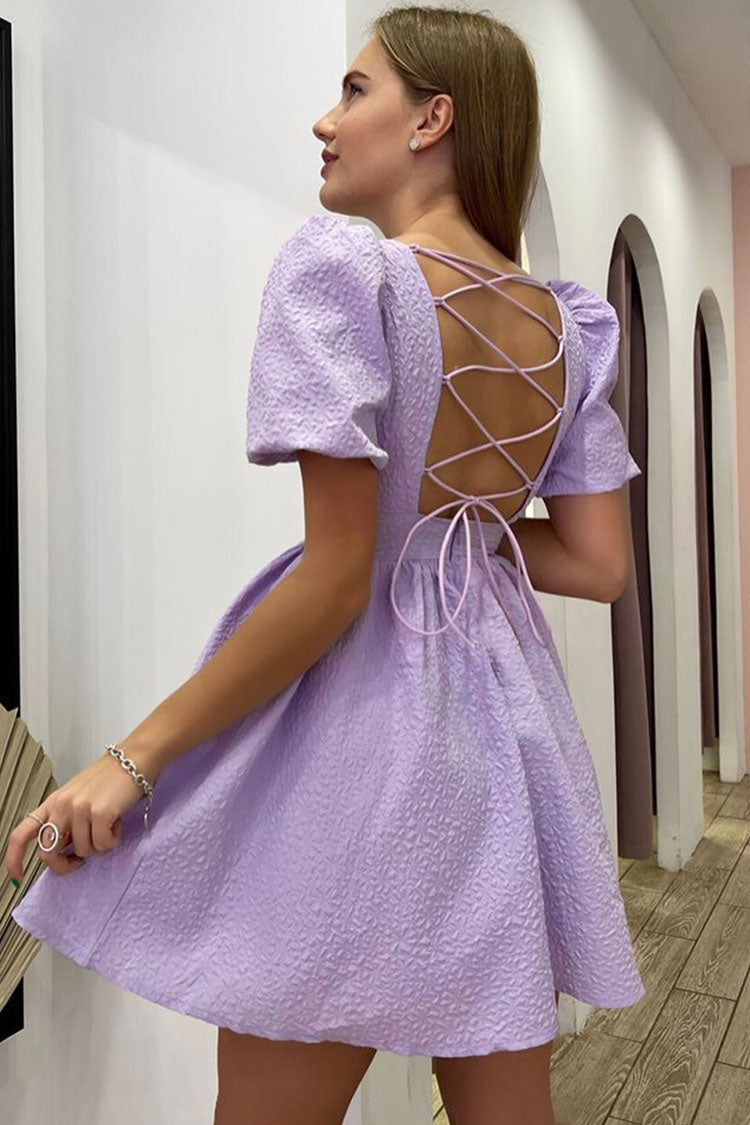 Pretty Square Neck Puff Sleeve Lace Up Back Seersucker Skater Mini Dress - Lilac