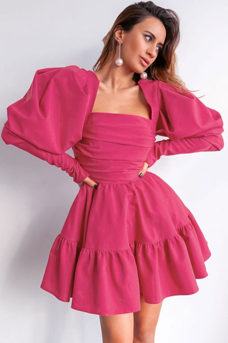 Charming Square Neck Puff Sleeve Tie Back Ruched Ruffle Mini Dress - Hot Pink